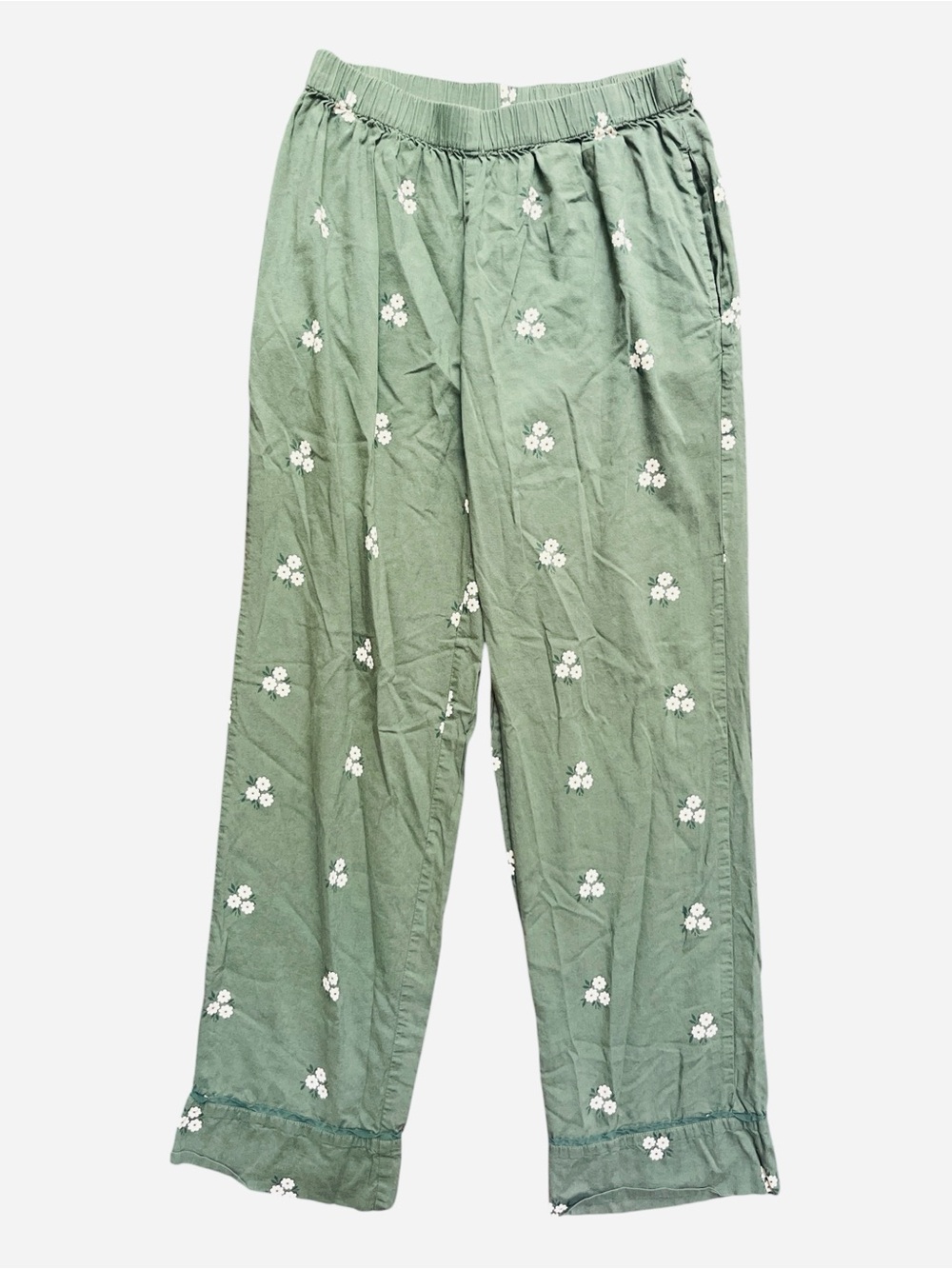 Saule Parc Floral Ankle Pants Size Small Sage Green Daisy Print Viscose Pull-On